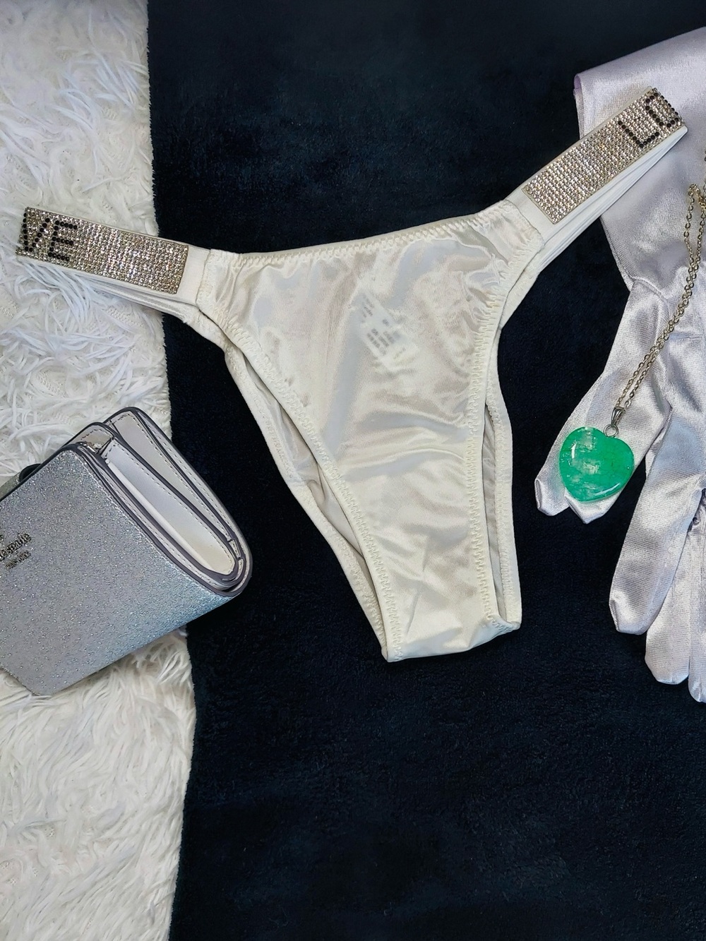 Woman bikini panties white Satin with Rhinestone Strap - Cream.